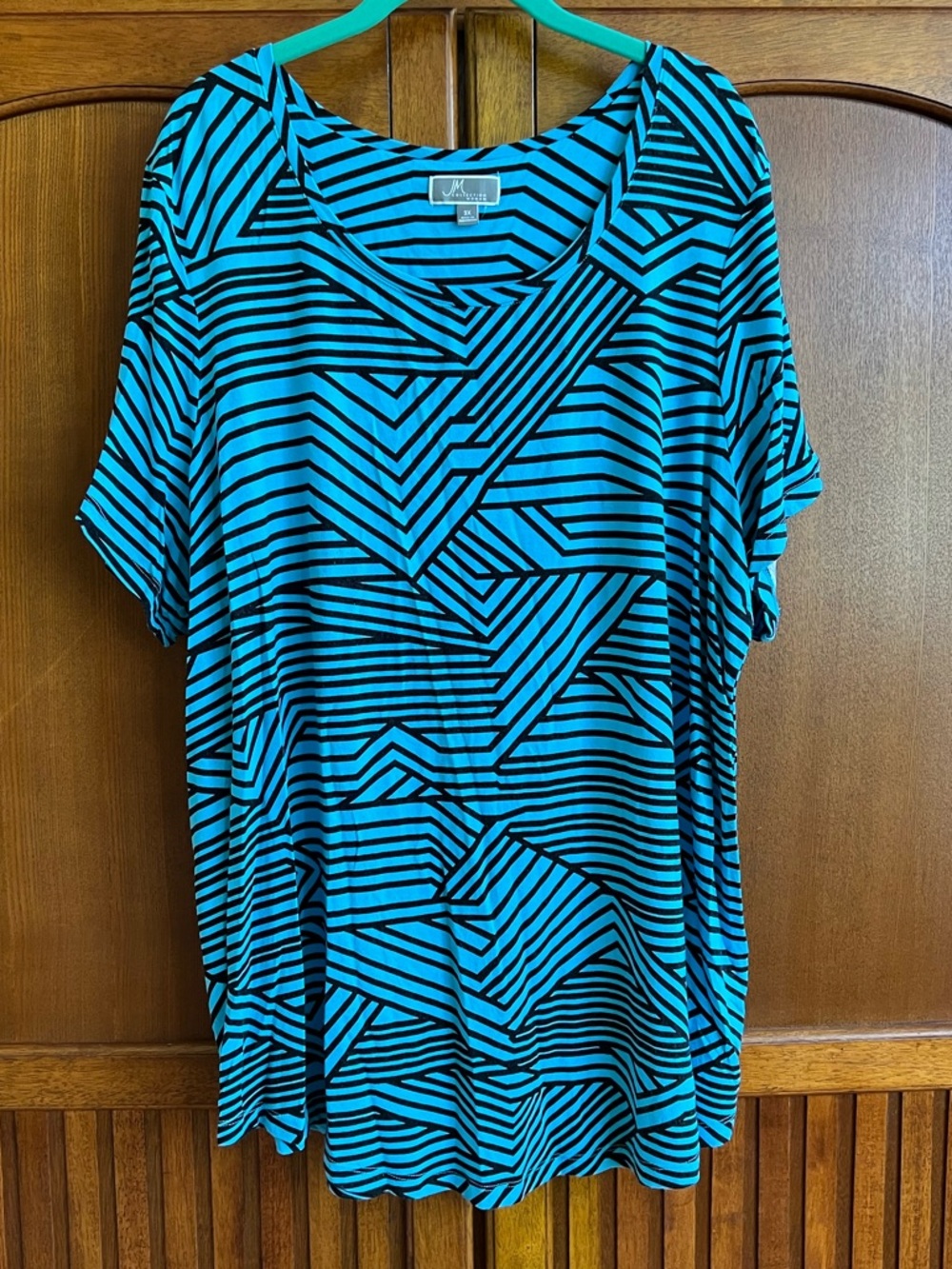 JM Collection Teal and Black Geometric Short-Sleeve Top